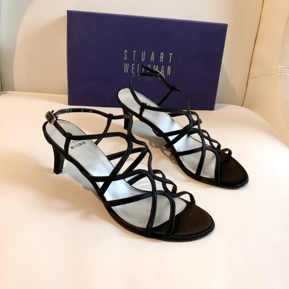 Stuart Weitzman Turning Up Black Heels Dress Sandal Luxury Designer Evening Pump - Picture 6 of 14